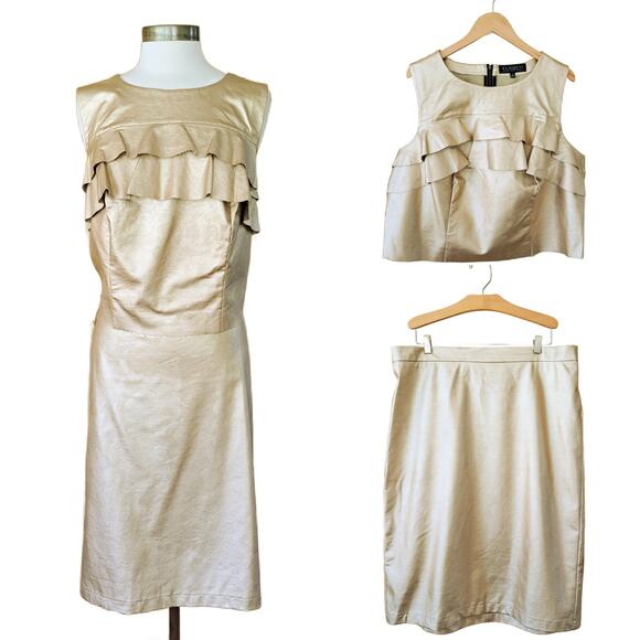 Eloquii Studio Gold Metallic Ruffle Faux Leather Top + Skirt Sz 14 2-Piece Dress - Picture 4 of 14